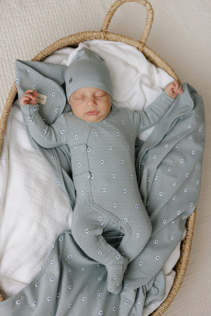 Baby Boy Footie – Blue – Floral Dot