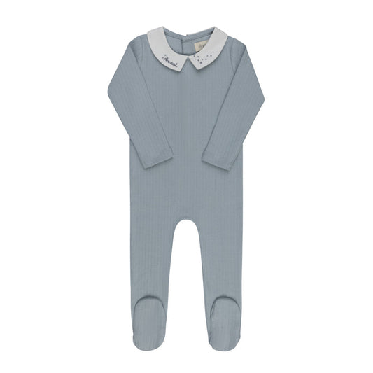 Baby Boy Footie – Blue – Floral Star Embroidered Collar