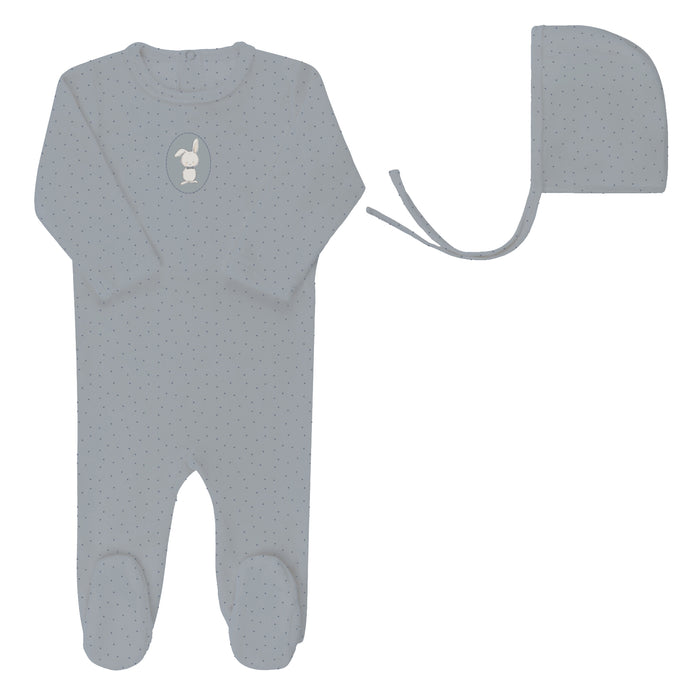 Baby Boy Footie & Bonnet – Blue – Bunny Pin Dot