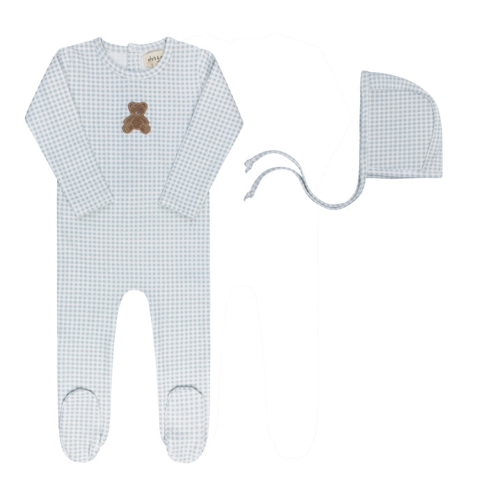 Baby Boy Footie & Bonnet – Blue – Gingham Teddy