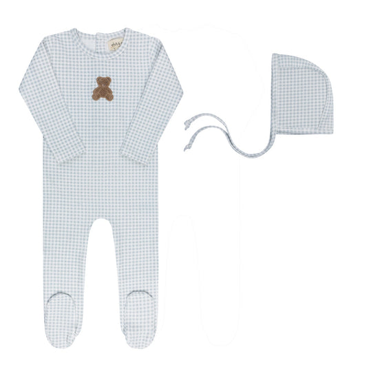 Baby Boy Footie & Bonnet – Blue – Gingham Teddy