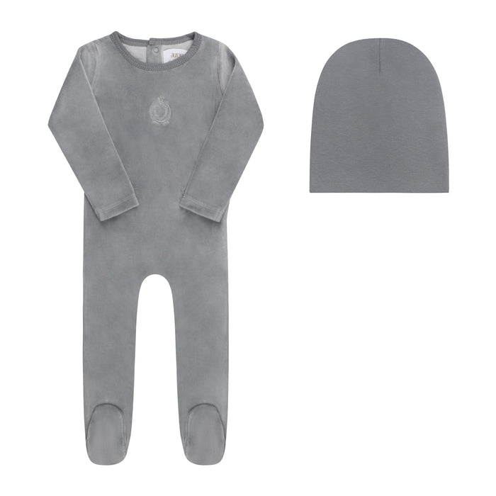 Baby Boy Footie & Bonnet – Blue – Metallic Crest