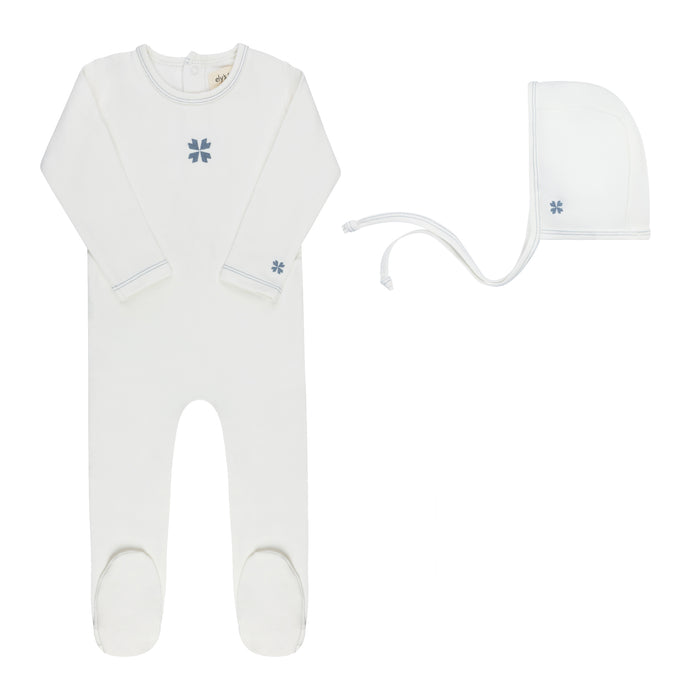 Baby Boy Footie & Bonnet – Ivory Blue – Embroidered Clover