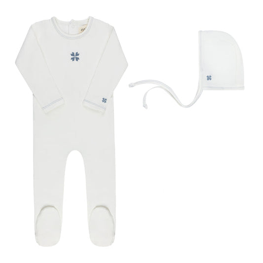 Baby Boy Footie & Bonnet – Ivory Blue – Embroidered Clover