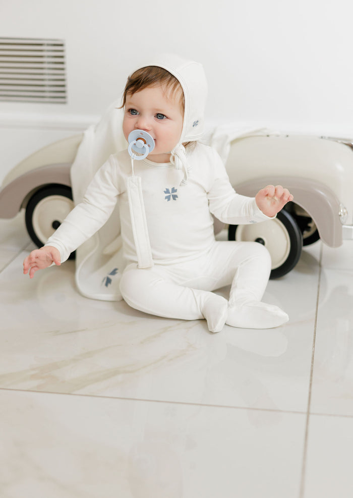 Baby Boy Footie & Bonnet – Ivory Blue – Embroidered Clover