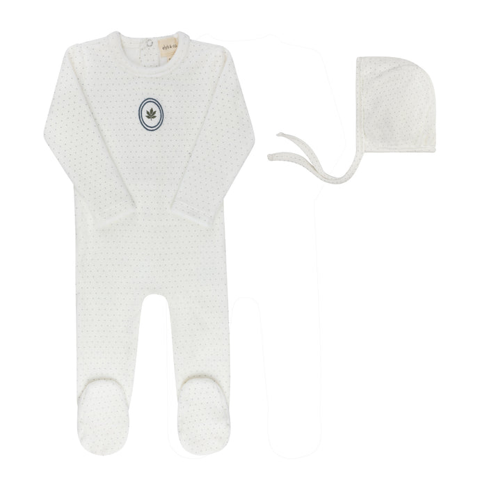 Baby Boy Footie & Bonnet – Ivory Blue – Embroidered Floral Dot