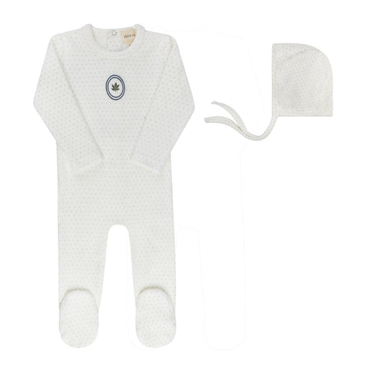 Baby Boy Footie & Bonnet – Ivory Blue – Embroidered Floral Dot
