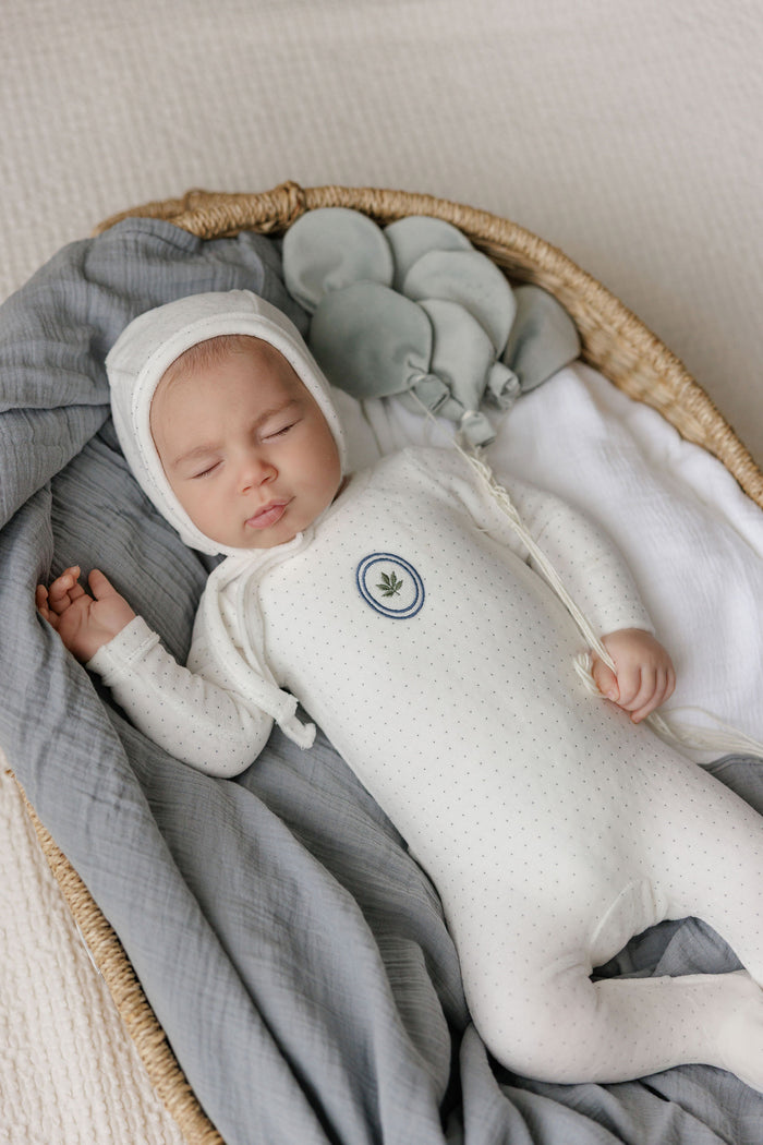 Baby Boy Footie & Bonnet – Ivory Blue – Embroidered Floral Dot