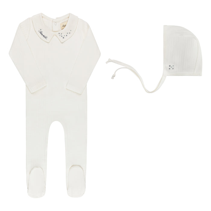 Baby Boy Footie & Bonnet – Ivory Blue – Floral Star Embroidered Collar