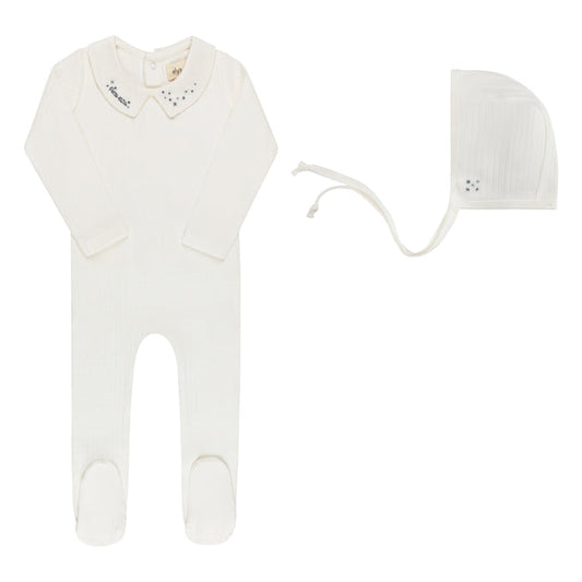 Baby Boy Footie & Bonnet – Ivory Blue – Floral Star Embroidered Collar