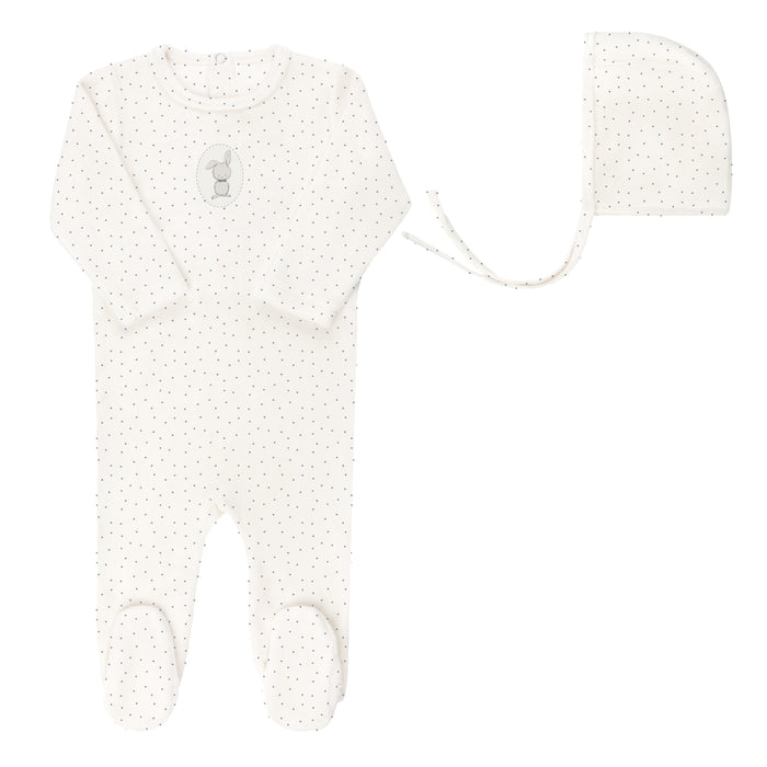 Baby Boy Footie & Bonnet – Ivory Boy – Bunny Pin Dot