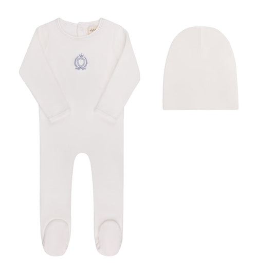 Baby Boy Footie & Bonnet – Ivory Boy – Metallic Crest