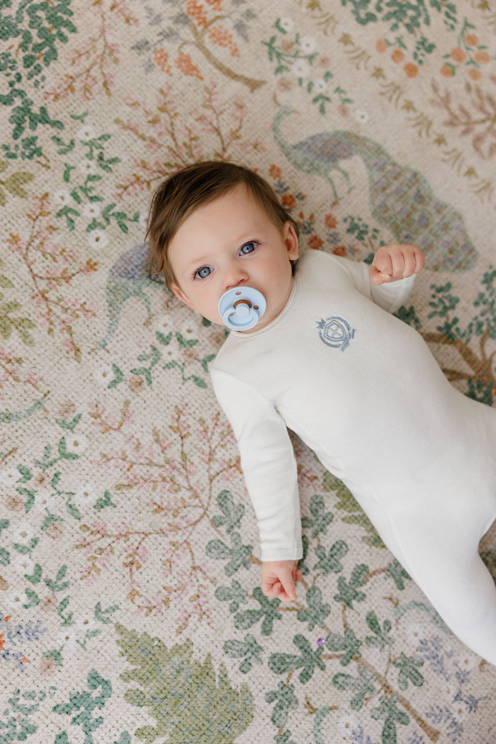 Baby Boy Footie & Bonnet – Ivory Boy – Metallic Crest