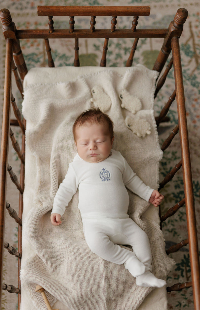 Baby Boy Footie & Bonnet – Ivory Boy – Metallic Crest