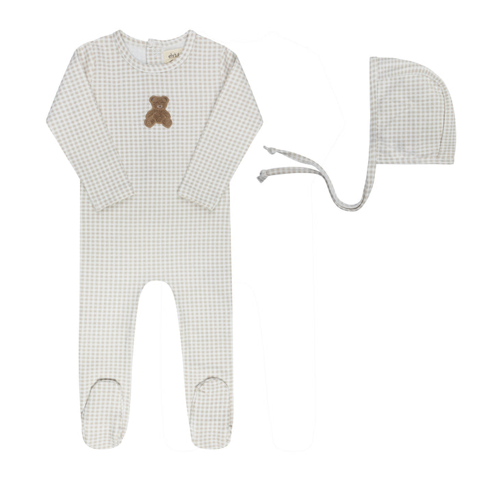 Baby Boy Footie & Bonnet – Tan – Gingham Teddy