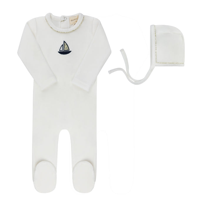 Baby Boy Footie & Hat – Ivory Blue – Embroidered Berry