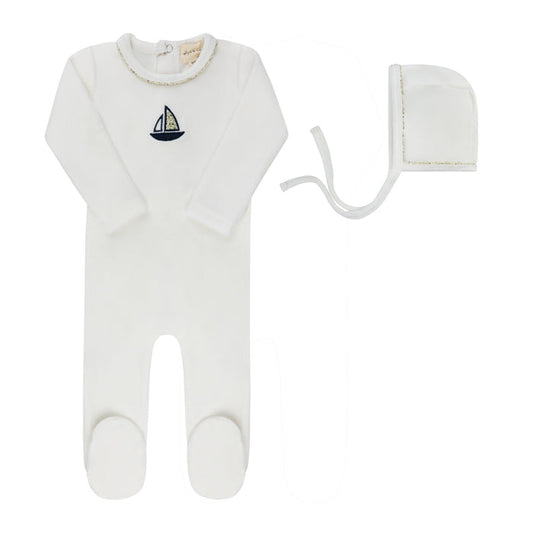 Baby Boy Footie & Hat – Ivory Blue – Embroidered Berry
