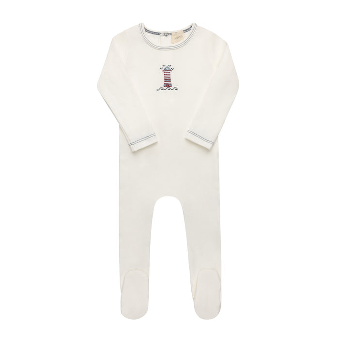 Baby Boy Footie – Ivory Blue – Cross Stitch Lighthouse