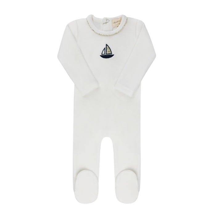 Baby Boy Footie – Ivory Blue – Embroidered Berry