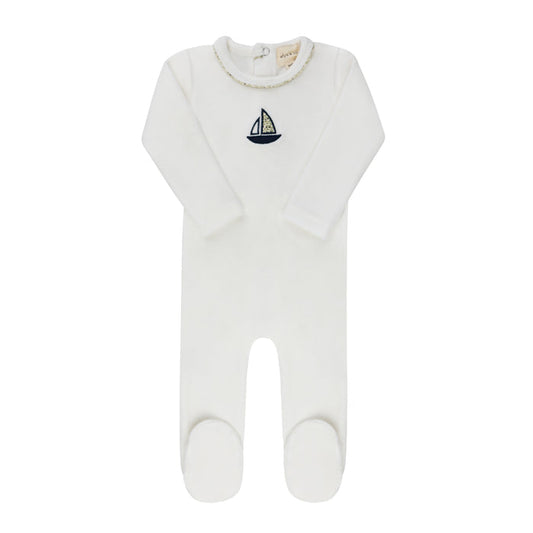 Baby Boy Footie – Ivory Blue – Embroidered Berry