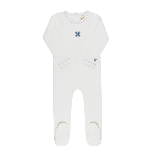 Baby Boy Footie – Ivory Blue – Embroidered Clover