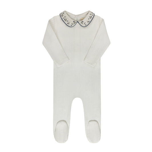 Baby Boy Footie – Ivory Blue – Embroidered Collar
