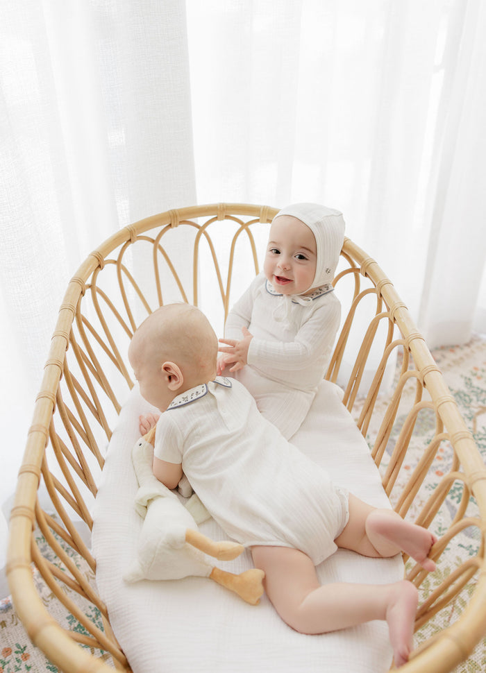 Baby Boy Footie – Ivory Blue – Embroidered Collar