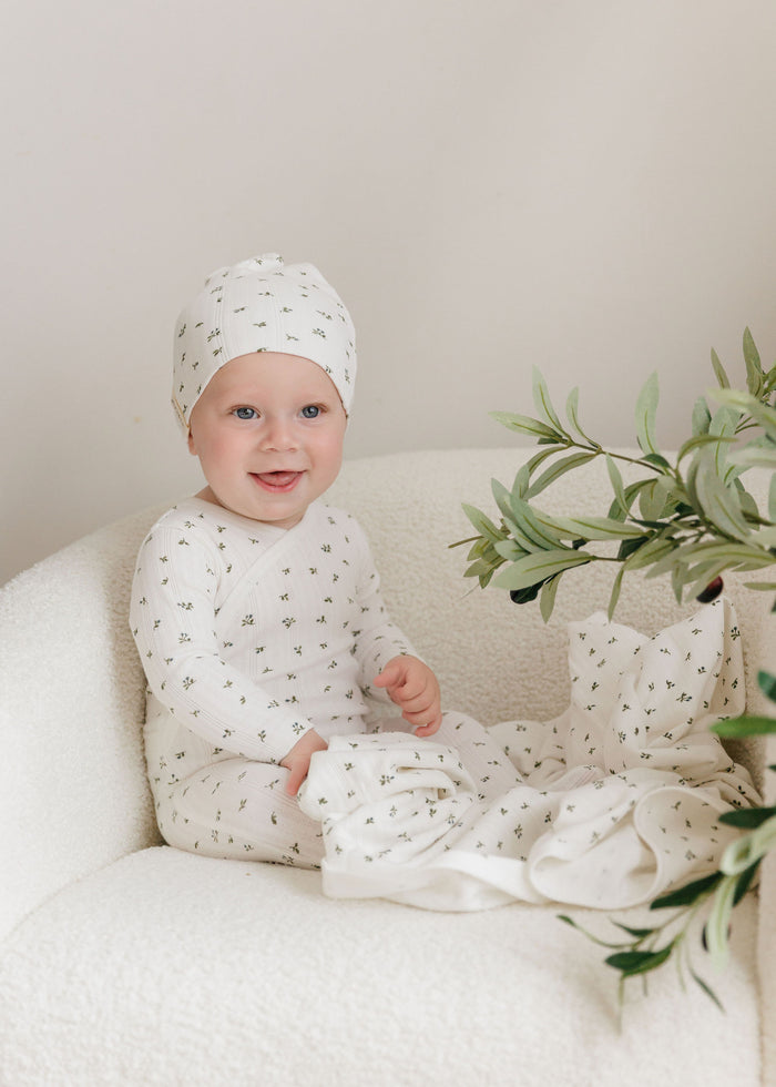 Baby Boy Footie – Ivory Blue – Floral Pointelle