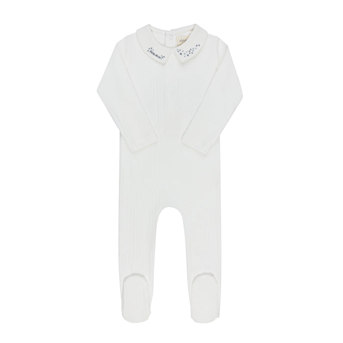 Baby Boy Footie – Ivory Blue – Floral Star Embroidered Collar