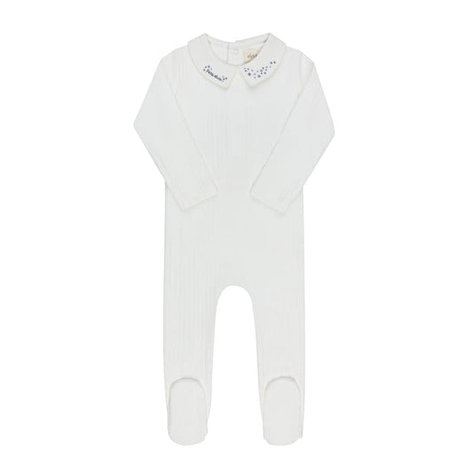 Baby Boy Footie – Ivory Blue – Floral Star Embroidered Collar