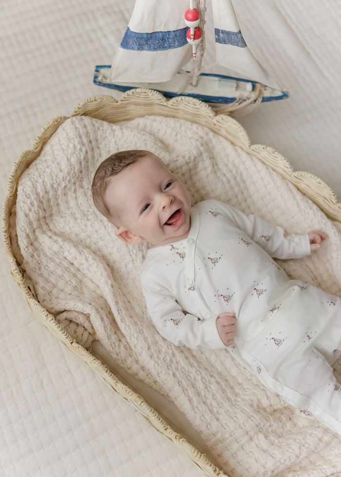 Baby Boy Footie – Ivory Blue – Nautical Print