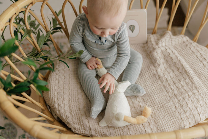 Baby Boy Footie – Ivory Blue – Stripe
