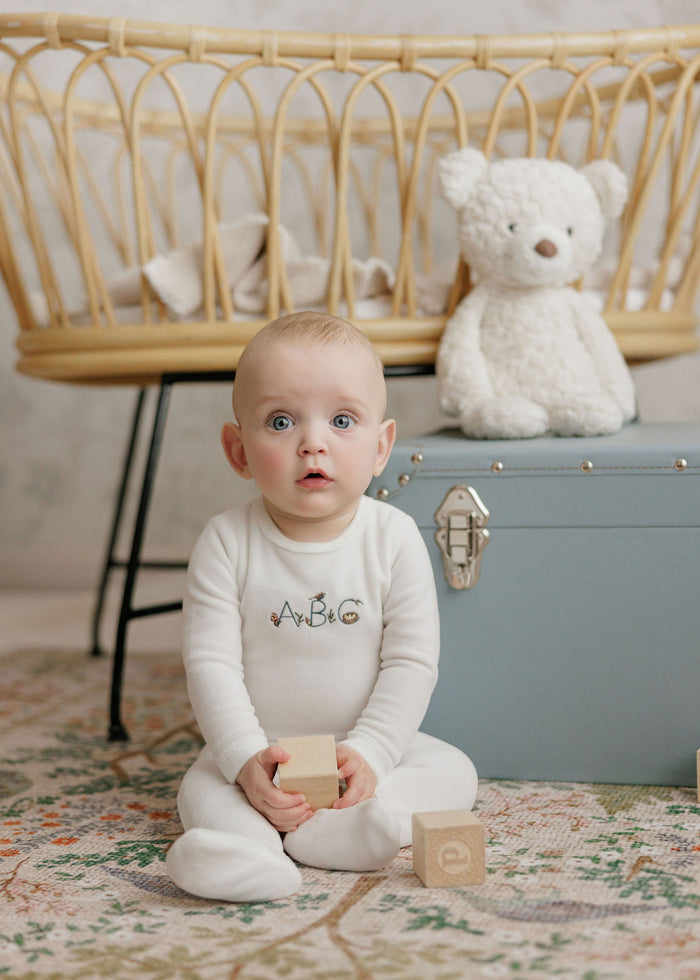 Baby Boy Footie – Ivory Boy – Embroidered ABC
