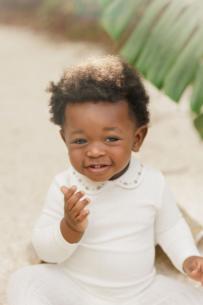 Baby Boy Footie – Ivory/Blue – Keepsake Collection