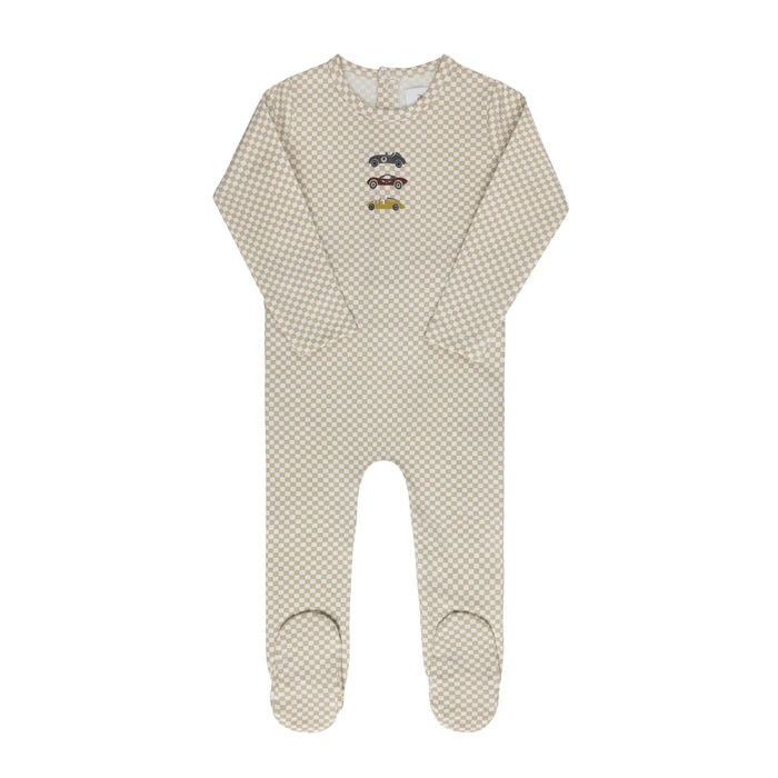 Baby Boy Footie – Tan – Checked Race Car