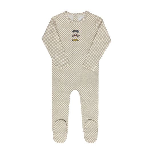 Baby Boy Footie – Tan – Checked Race Car