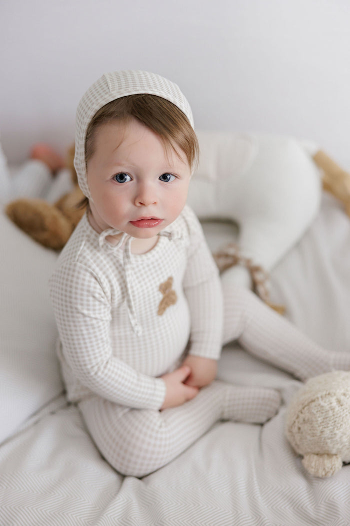 Baby Boy Footie – Tan – Gingham Teddy