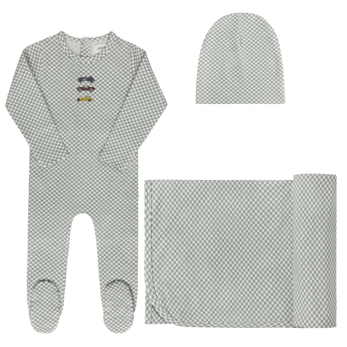 Baby Boy Layette Set – Blue – Checked Race Car