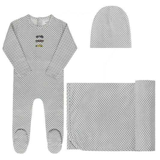 Baby Boy Layette Set – Blue – Checked Race Car