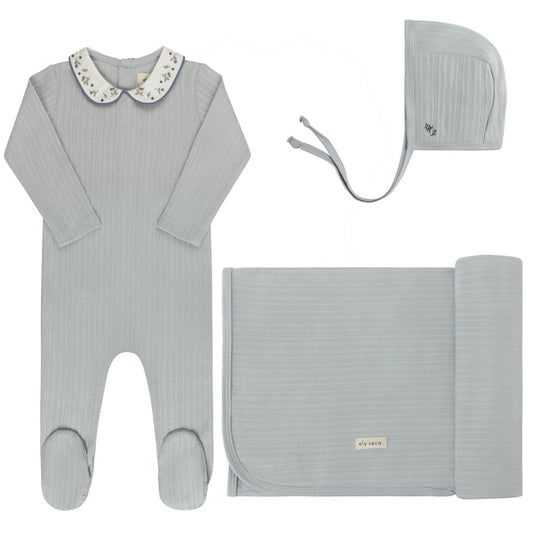Baby Boy Layette Set – Blue – Embroidered Collar