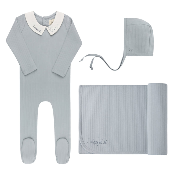 Baby Boy Layette Set – Blue – Floral Star Embroidered Collar