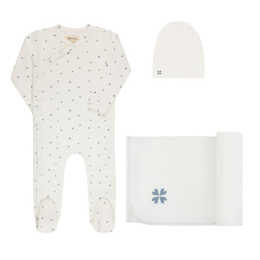 Baby Boy Layette Set – Ivory Blue – Clover Print