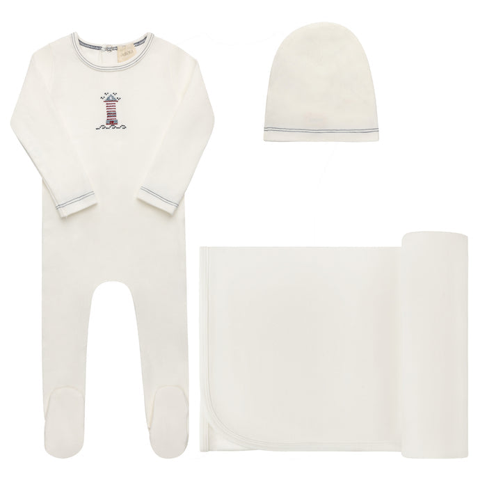 Baby Boy Layette Set – Ivory Blue – Cross Stitch Lighthouse