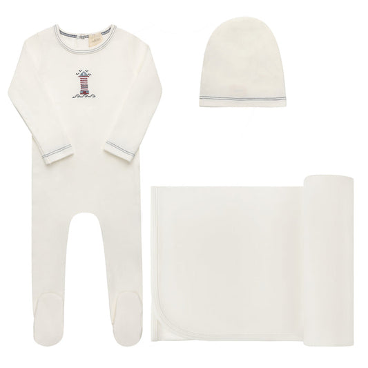 Baby Boy Layette Set – Ivory Blue – Cross Stitch Lighthouse