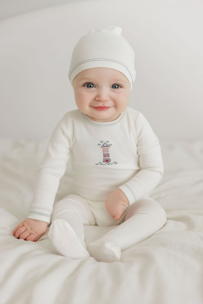 Baby Boy Layette Set – Ivory Blue – Cross Stitch Lighthouse