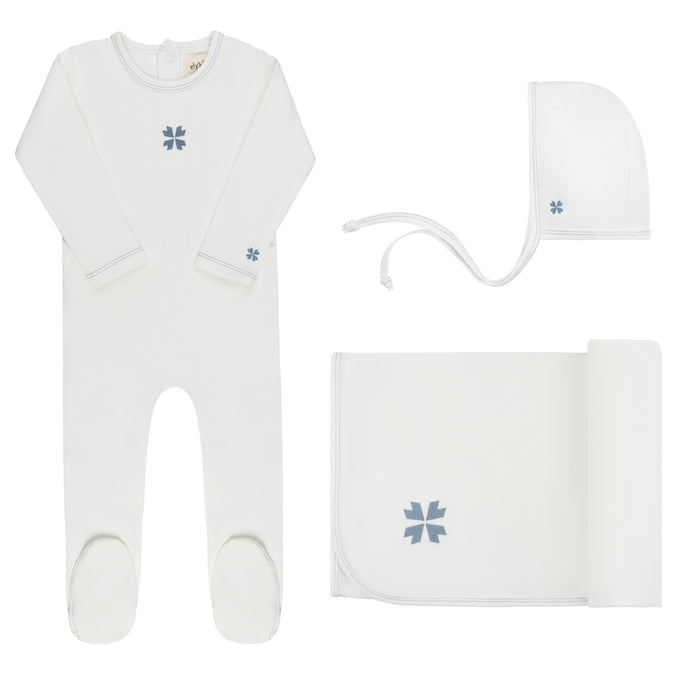 Baby Boy Layette Set – Ivory Blue – Embroidered Clover