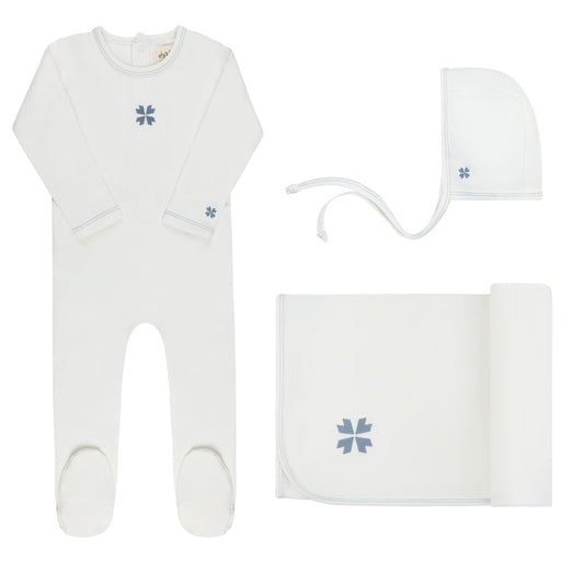 Baby Boy Layette Set – Ivory Blue – Embroidered Clover