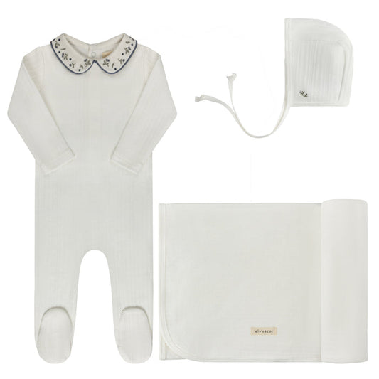 Baby Boy Layette Set – Ivory Blue – Embroidered Collar