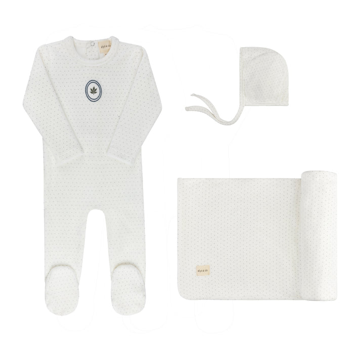 Baby Boy Layette Set – Ivory Blue – Embroidered Floral Dot