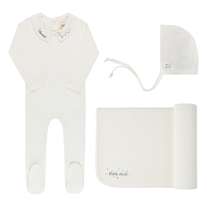 Baby Boy Layette Set – Ivory Blue – Floral Star Embroidered Collar